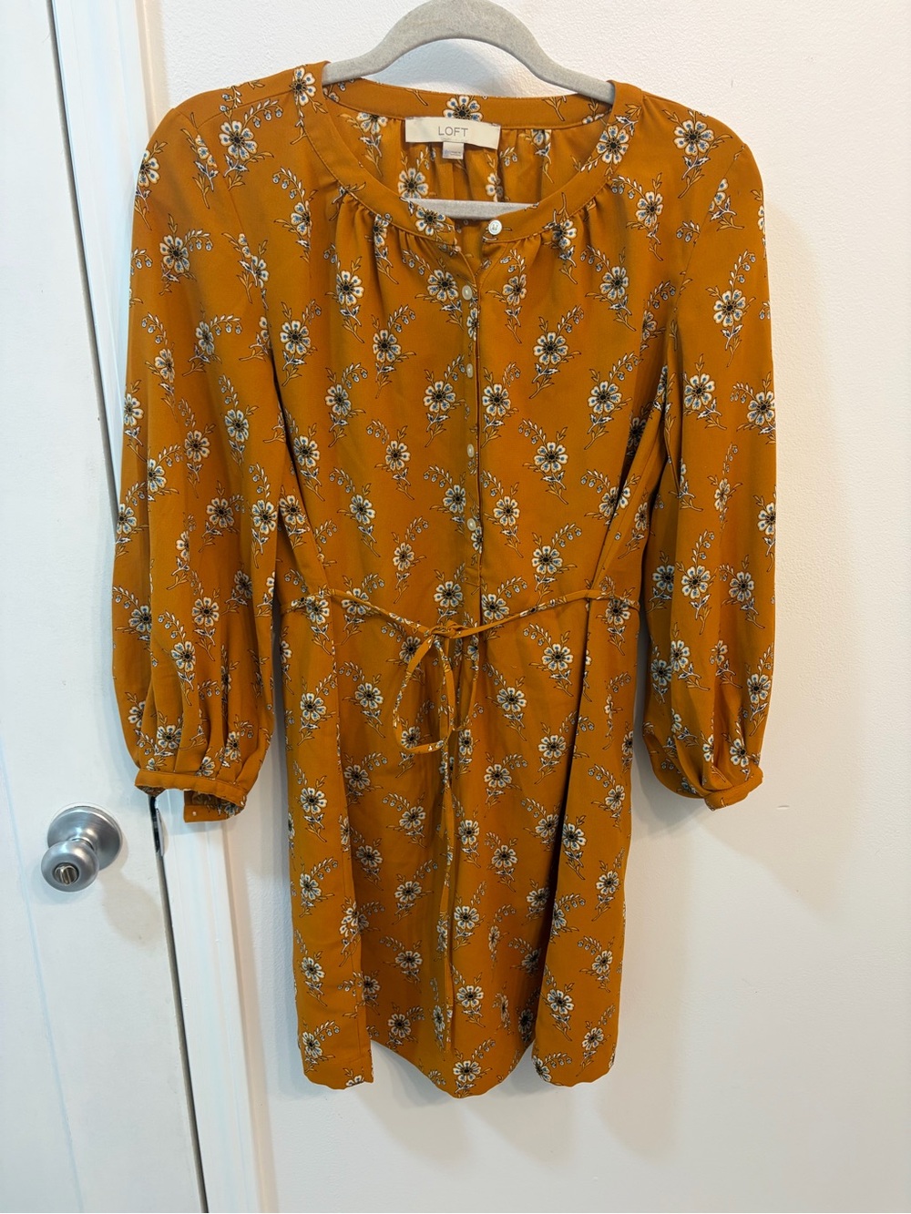 LOFT Mustard Floral Button-Front Tie-Waist Dress
